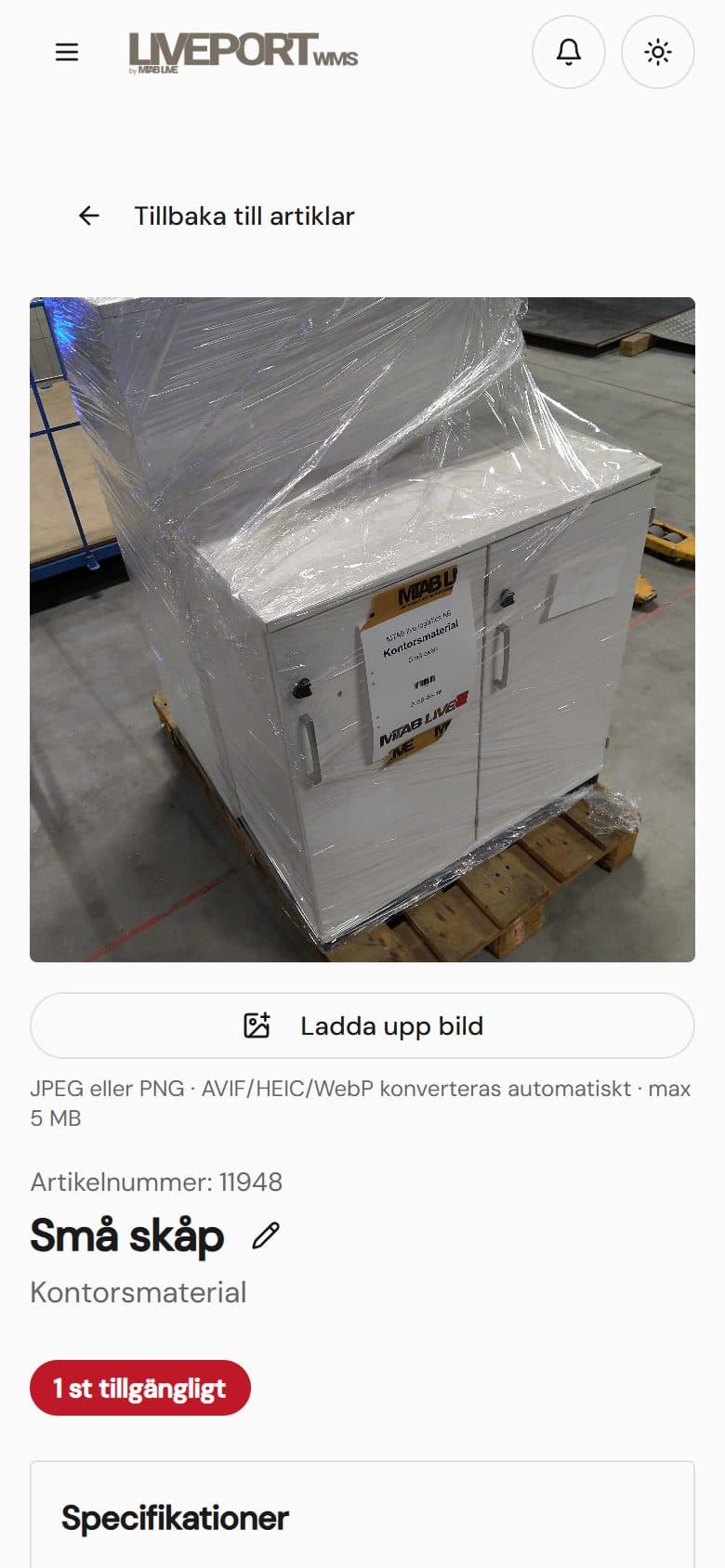 Samma artikel i LivePort med bild, artikelnummer och saldo