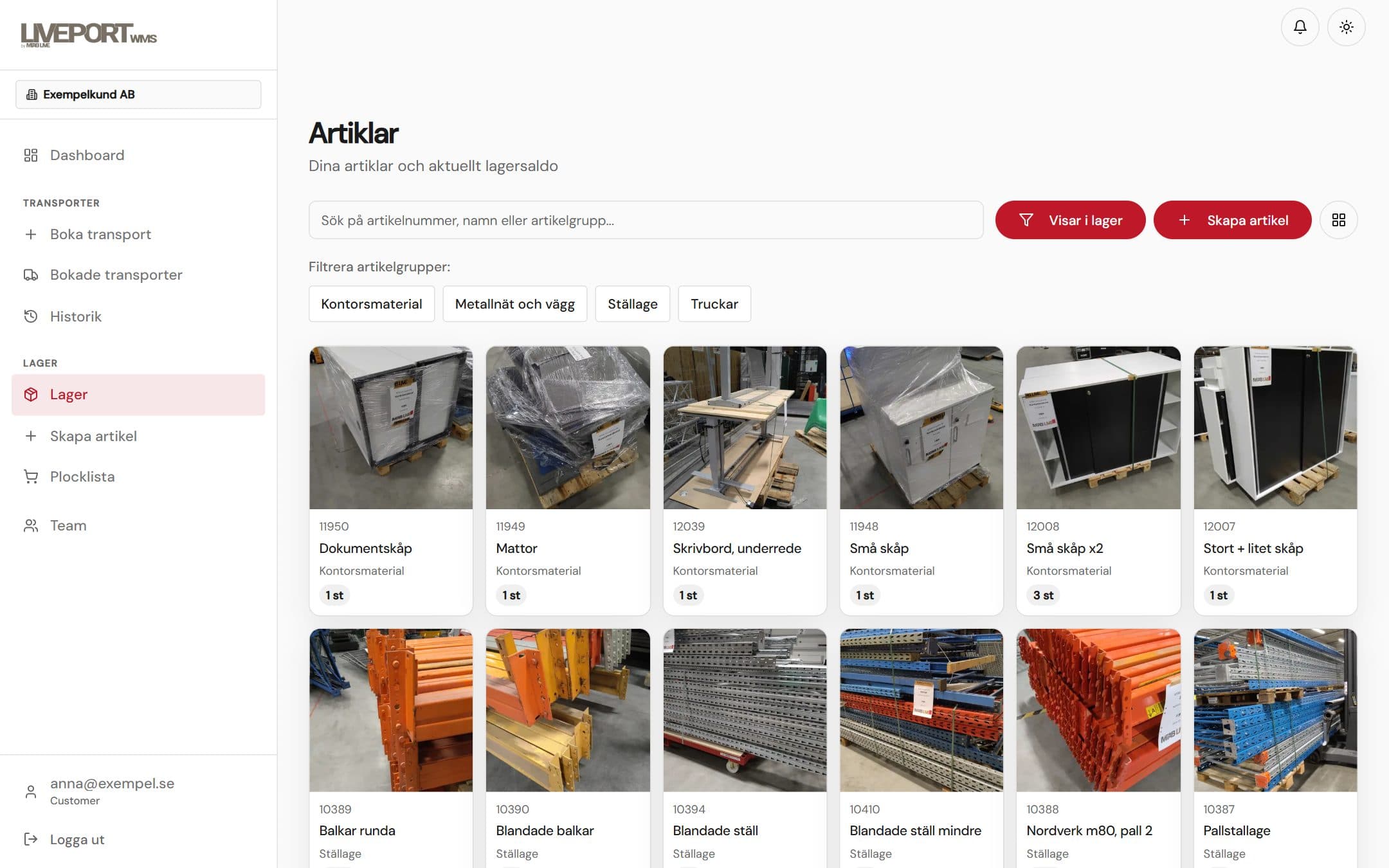 Artikelvyn i LivePort med sökfält, artikelgrupper och bilder på varje artikel