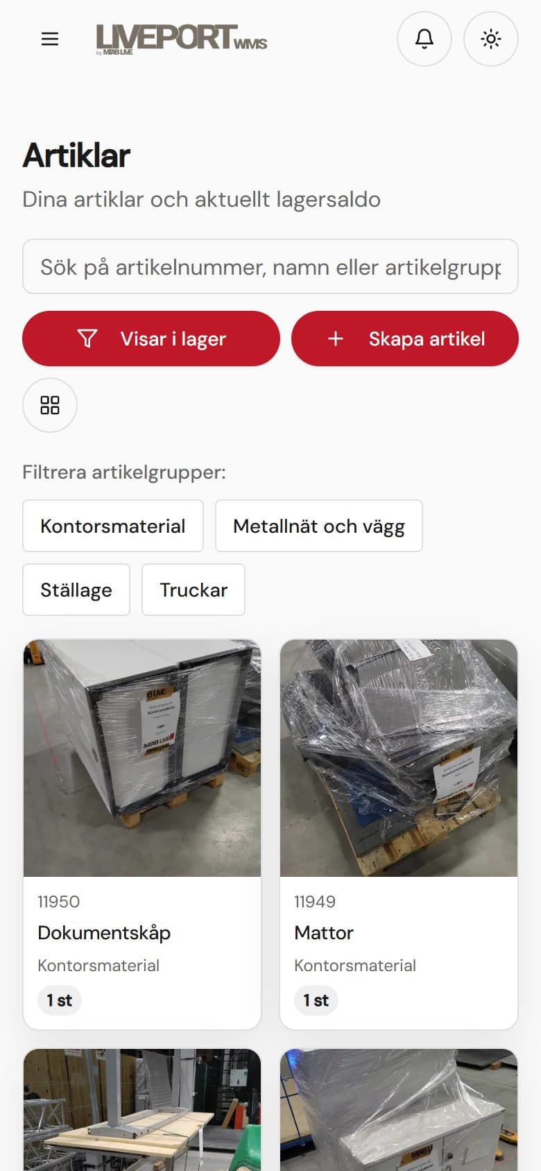 Artikellistan i LivePort i mobilen, med foton och lagersaldo