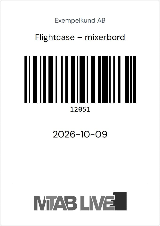Utskriven etikett från LivePort med kundnamn, artikelnamn, streckkod och datum