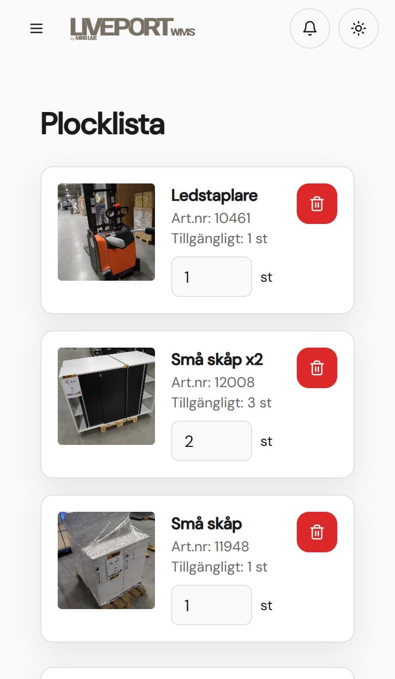 Varukorgen i LivePort med tre valda artiklar