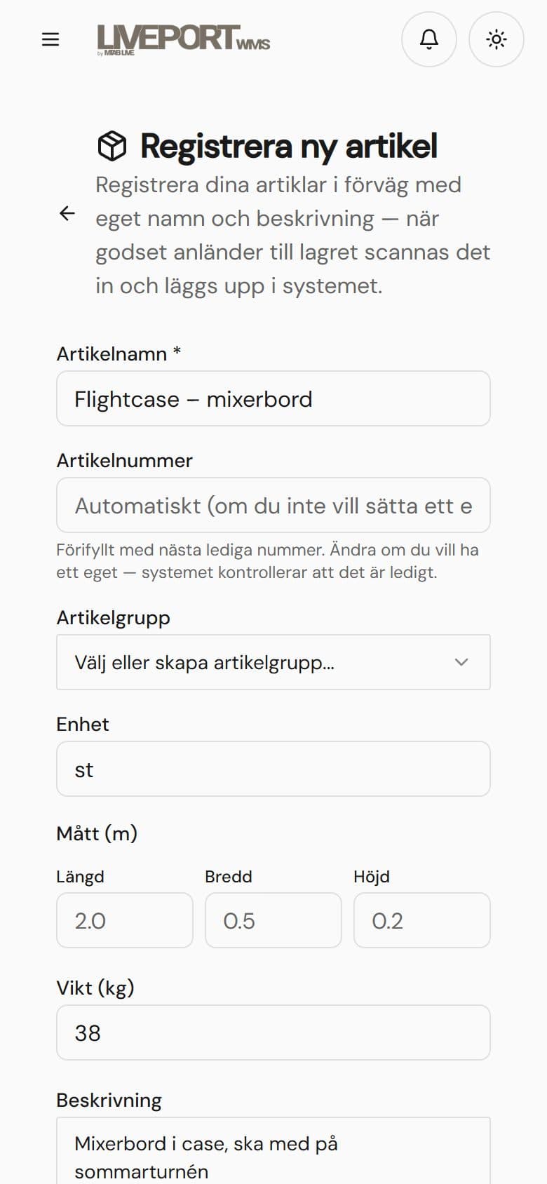 Formuläret i LivePort där kunden registrerar en ny artikel